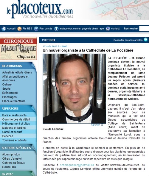 17 Aout 2012 - Un nouvel organiste à la Cathédrale de La Pocatière